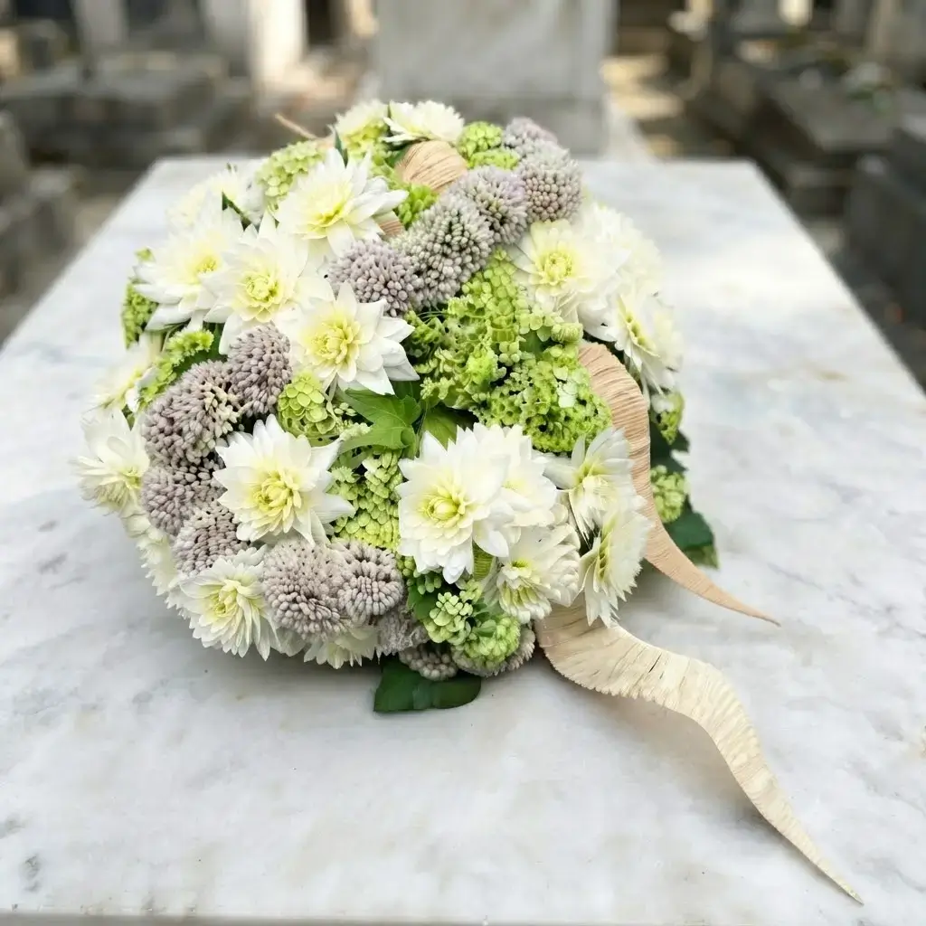 Coussin de deuil rond blanc et vert aux finitions en raphia posé sur une sépulture en marbre blanc par Cindy Gunther