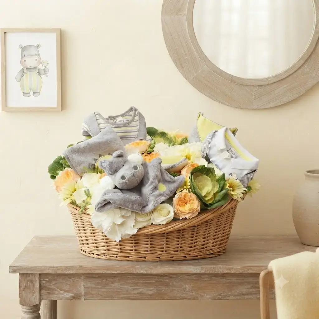 Panier de fleurs jaune pâle et choux verts avec doudou et layette pour naissance de garçon dans une chambre pastel par Cindy Gunther