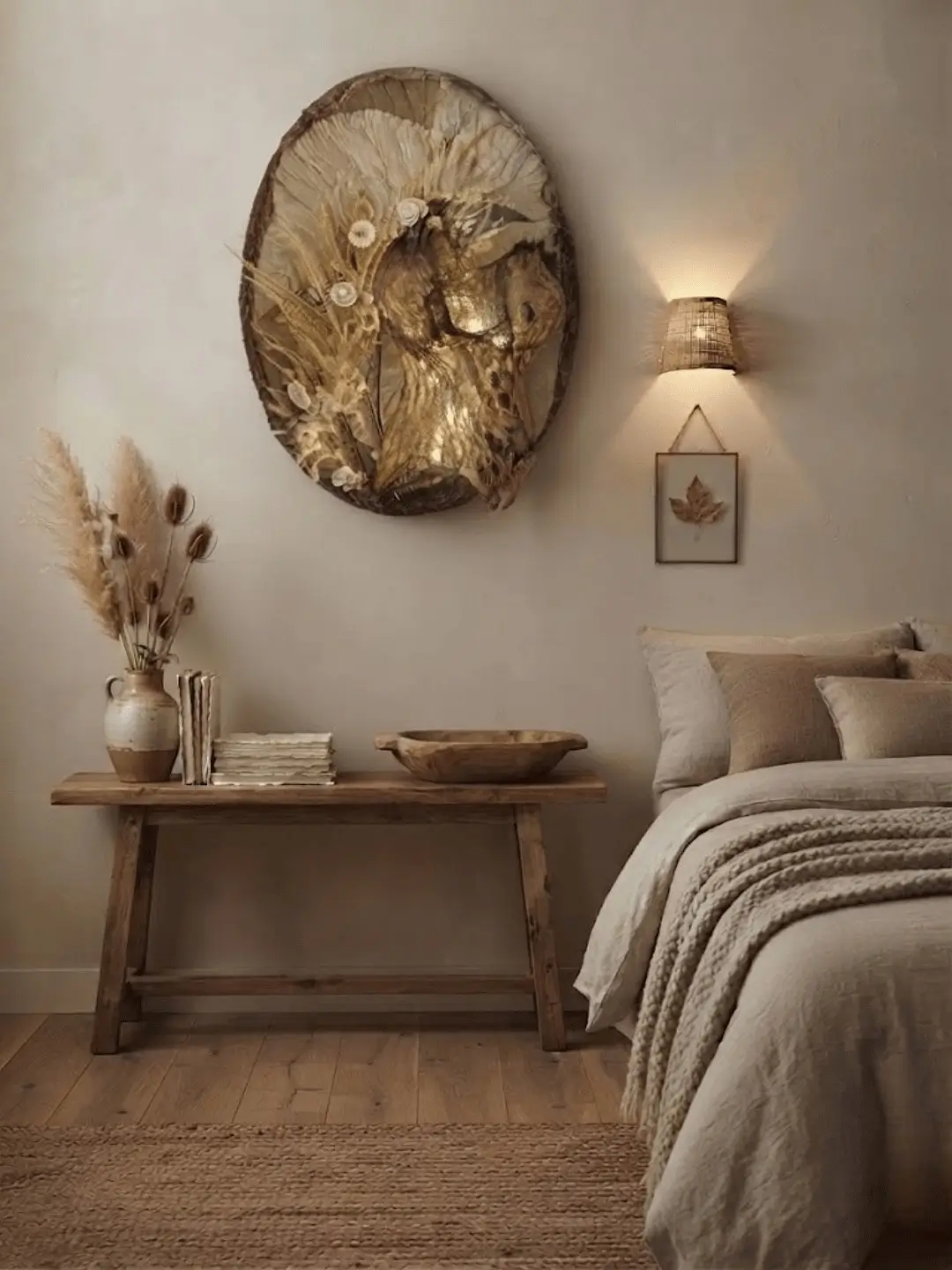 Tableau ovale lumineux accroché dans une chambre chaleureuse, fait de matières végétales et de textures naturelles. - Cindy Gunther