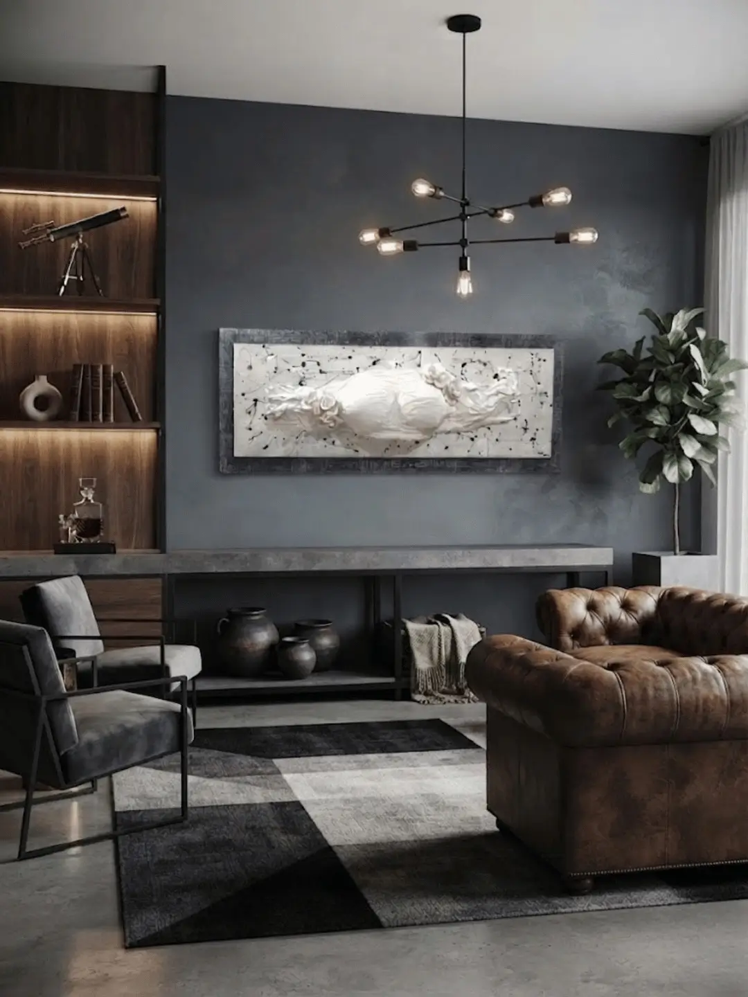 Grand tableau horizontal texturé en bas-relief représentant une poitrine avec une lumière intérieure, dans un salon aux teintes sombres. - Cindy Gunther