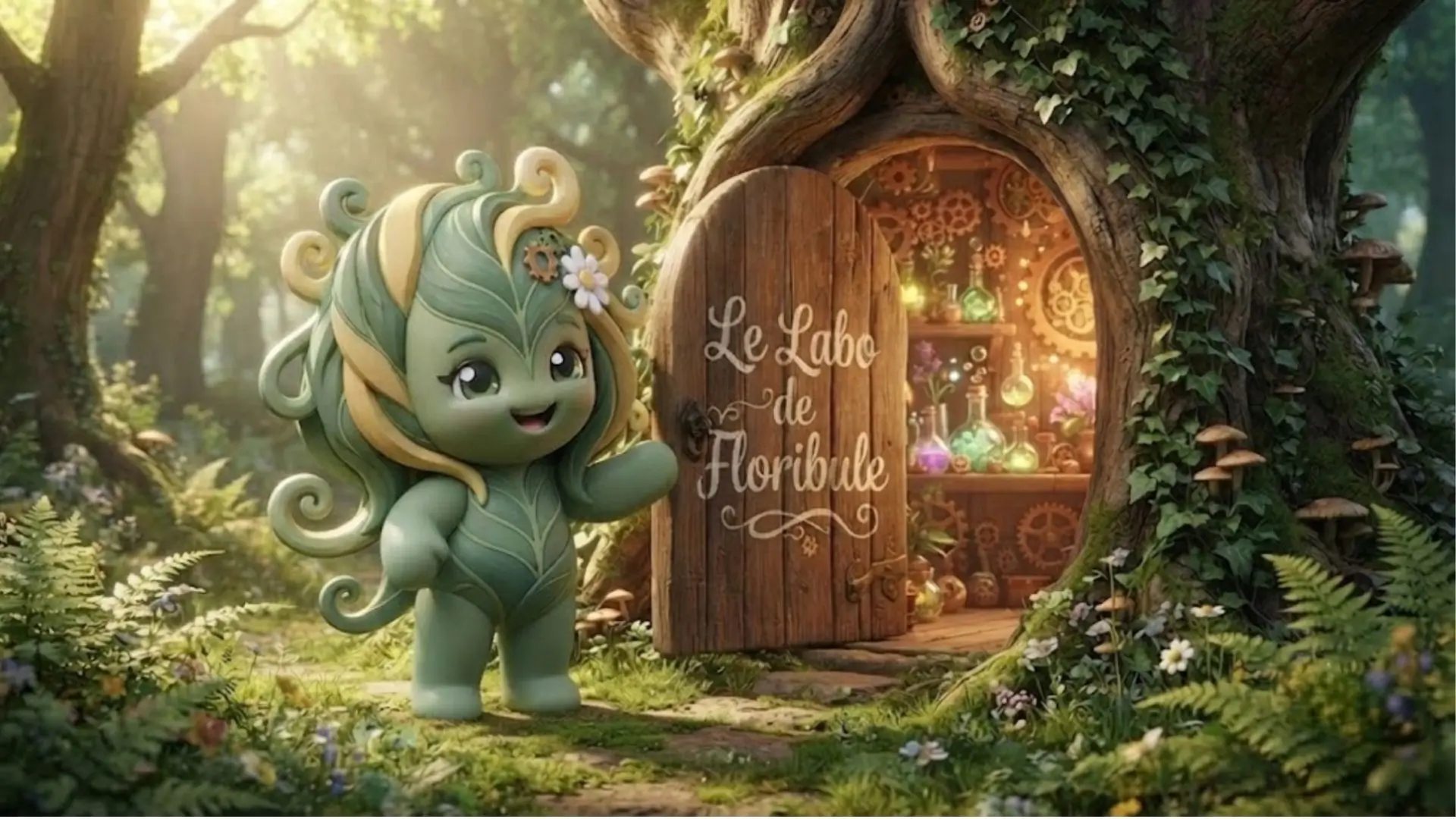 Floribule, la mascotte végétale de Cindy Gunther, se tient devant la porte en bois entrouverte d'un tronc d'arbre dans une forêt, révélant un intérieur magique avec des engrenages et des fioles. Sur la porte est inscrit "Le Labo de Floribule".