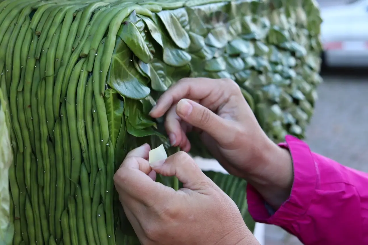 Mains de l'artiste Cindy Gunther collant et ajustant des feuilles et des haricots verts sur la structure texturée de l'œuvre 'Life' en Belgique.