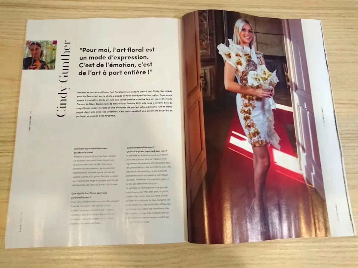 Page de couverture du reportage du magazine Fleur Créatif dédié à la designer florale Cindy Gunther.