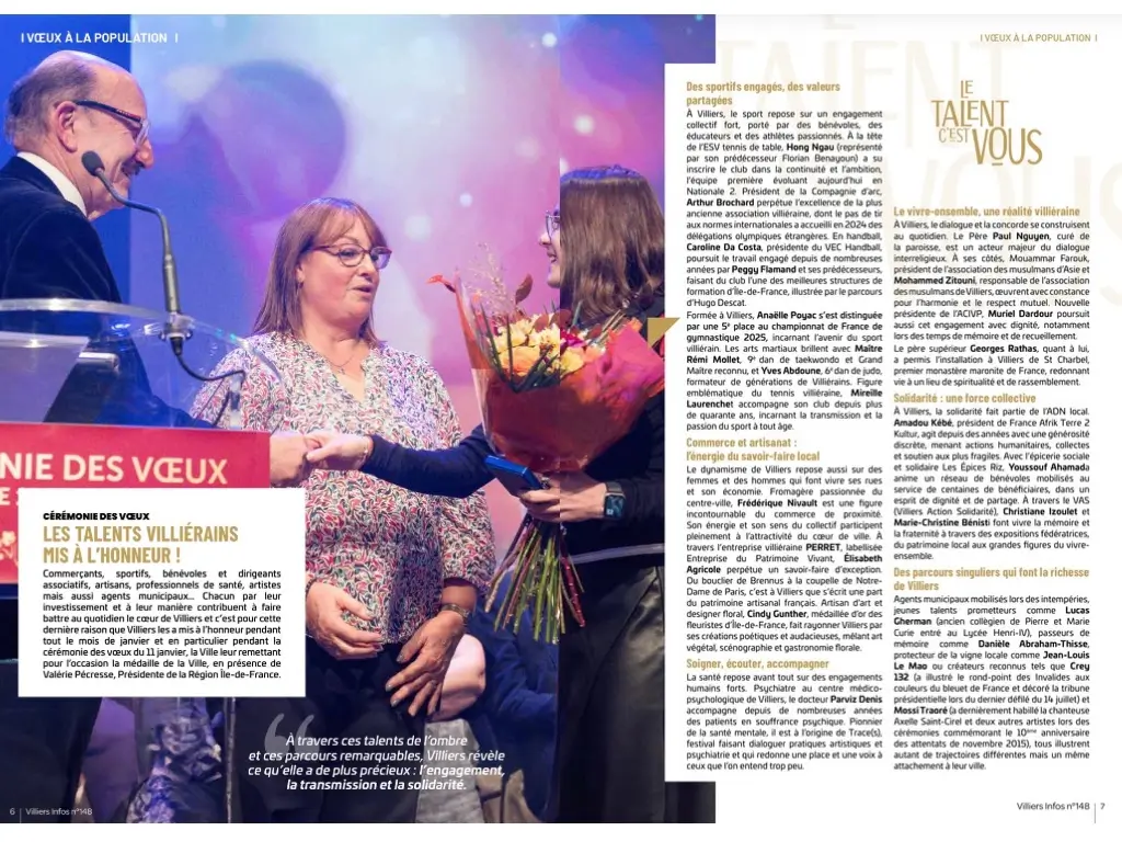 Article du magazine municipal Villiers Infos relatant la remise de la Médaille Citoyenne d'Honneur à Cindy Gunther