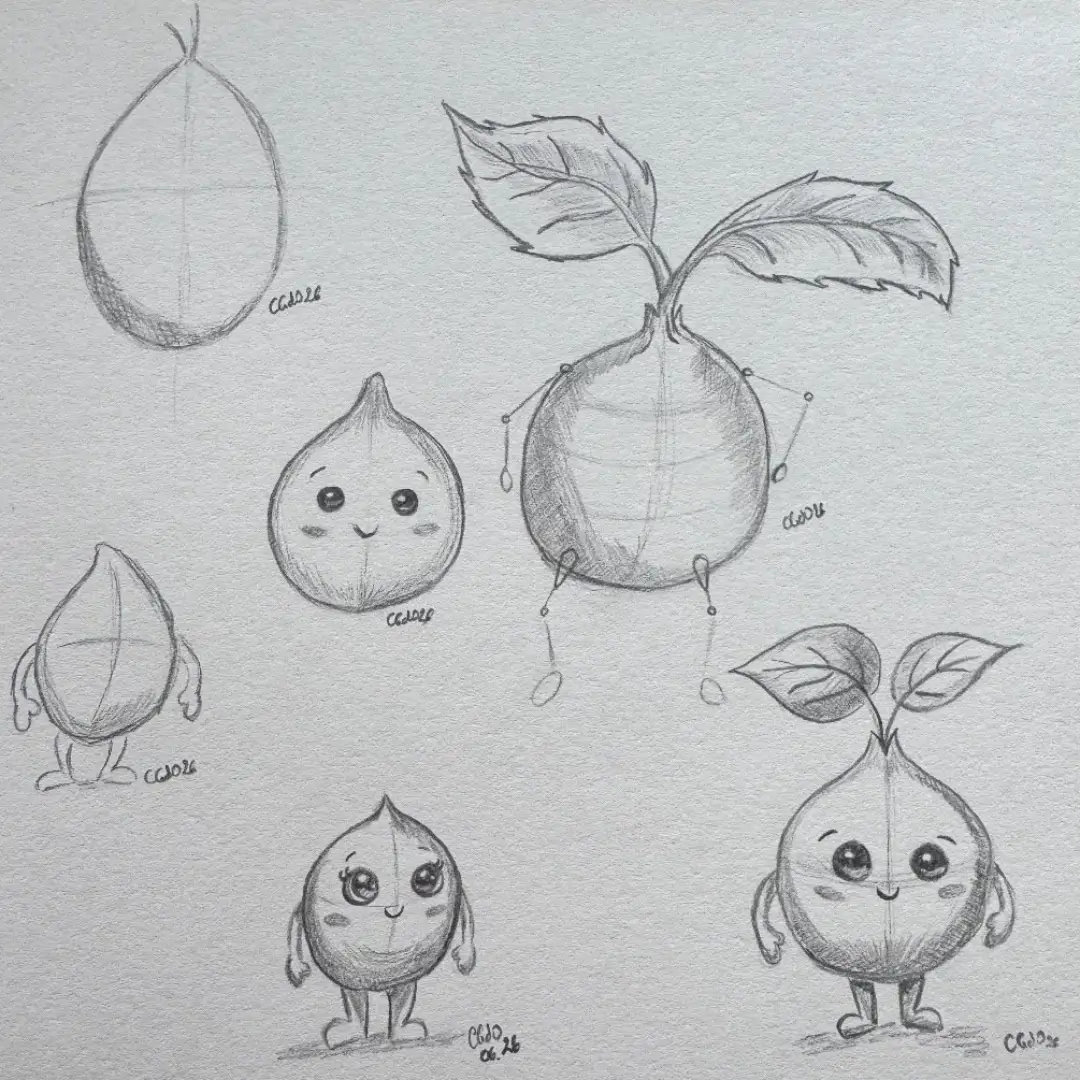 Planche de croquis au crayon graphite de Cindy Gunther retraçant l'évolution de Floribule à partir d'une simple forme de graine, explorant l'ajout progressif des yeux, de petits membres et des premières feuilles.