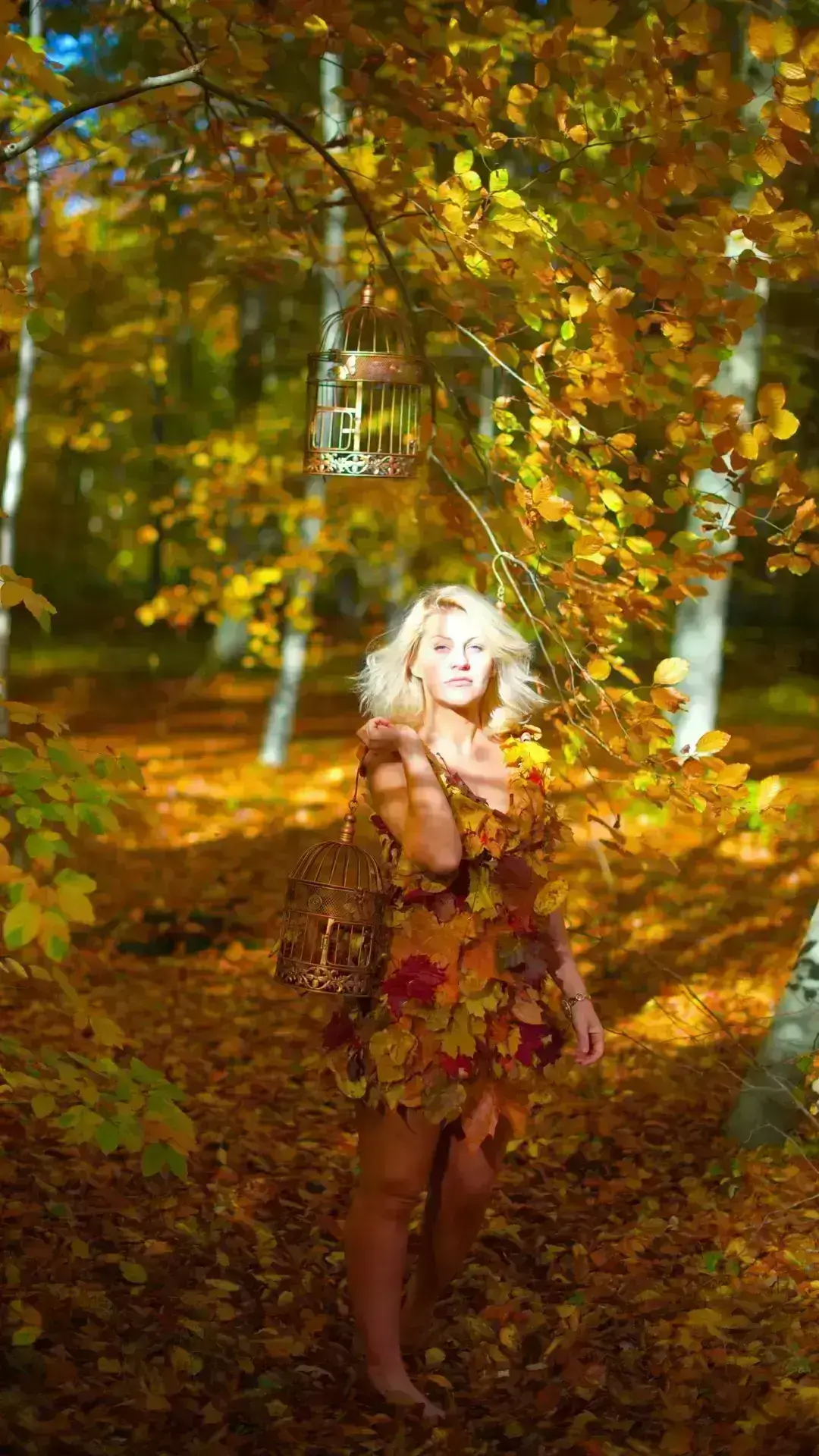 Silhouette d'artiste vêtue d'une robe confectionnée en feuilles d'automne en pleine forêt, portant une cage décorative dorée - Cindy Gunther