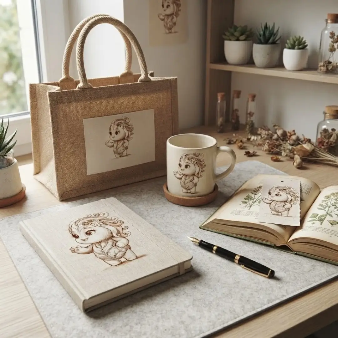 Mise en scène sur un bureau en bois d'un grand sac en toile de jute avec une étiquette Floribule, un mug en céramique, un carnet de notes élégant et un livre ouvert avec un marque-page illustré par Cindy Gunther