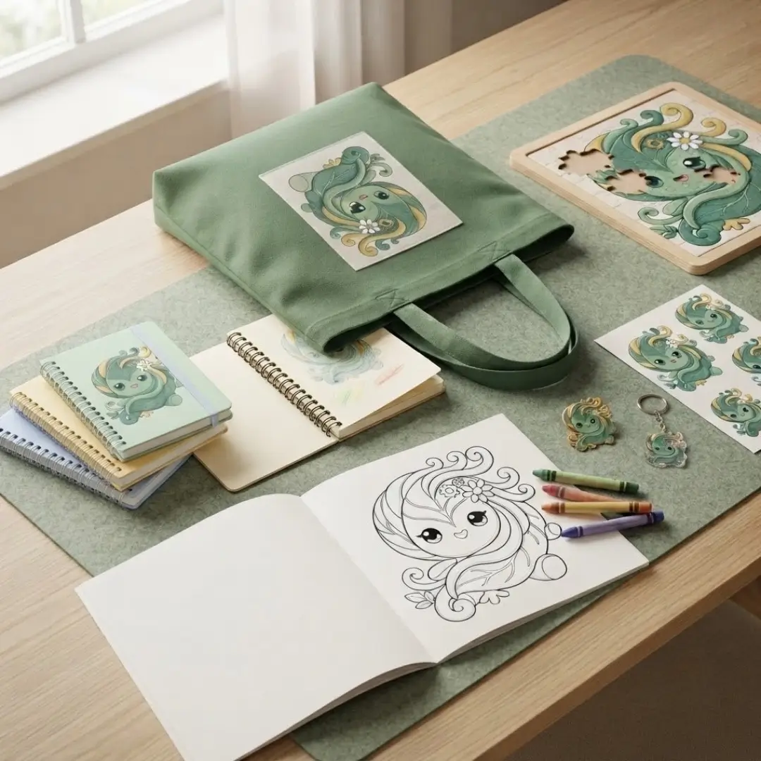 Assortiment de carnets à spirale colorés, crayons de couleur et tote bag illustrée du personnage Floribule de Cindy Gunther sur un bureau d'enfant.